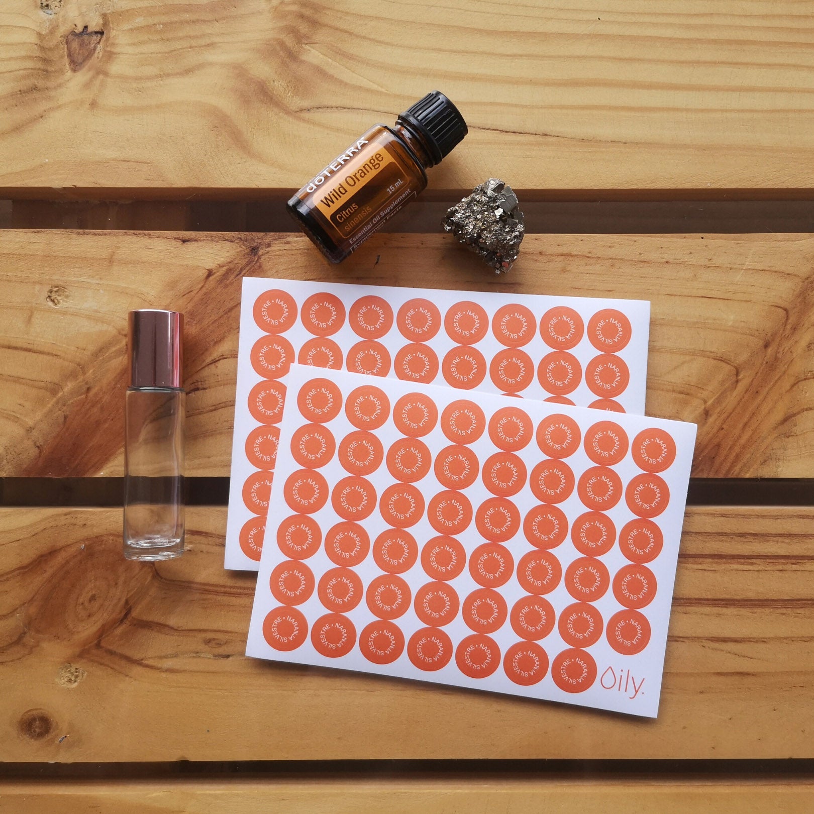 Láminas de pegatinas / stickers Oily para frascos de aceites esenciales
