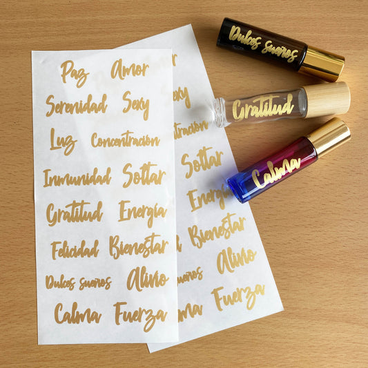 Stickers troquelados dorados para roll on de 10ml - hoja de 16 - Oily