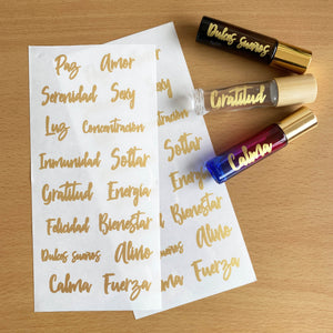 Stickers troquelados dorados para roll on de 10ml - hoja de 16 - Oily